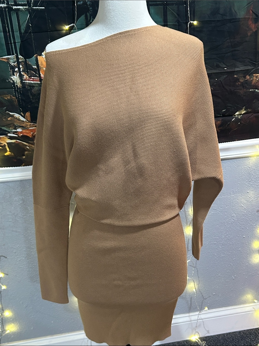 Banana Republic Camel Off-the-Shoulder Knit Dress